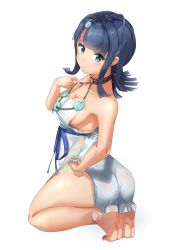 Rule 34 | 1girl, absurdres, artist request, ass, bare shoulders, black hair, blue eyes, blue ribbon, blush, breasts, cleavage, closed mouth, collarbone, dress, fate/grand order, fate/requiem, fate (series), feet, hand on own hip, highres, jewelry, kneeling, large breasts, leaning to the side, looking at viewer, magatama, magatama hair ornament, medium hair, multicolored hair, necklace, pelvic curtain, pink hair, ribbon, short dress, sideboob, sideless outfit, simple background, sleeveless, sleeveless dress, smile, streaked hair, thighs, utsumi erice, white background, white dress