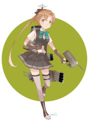 Rule 34 | 1girl, absurdres, adapted costume, akigumo (kancolle), alternate costume, anti-aircraft, anti-aircraft gun, artist name, black bow, boots, bow, brown footwear, brown hair, cannon, cross-laced footwear, depth charge, eyes visible through hair, fingerless gloves, full body, gauntlets, gloves, green eyes, grey thighhighs, gumiko, hair ribbon, highres, kantai collection, lace-up boots, long hair, looking at viewer, pleated skirt, ponytail, ribbon, school uniform, shirt, short sleeves, signature, skirt, smile, smokestack, solo, standing, thighhighs, torpedo tubes, turret, vest, white background, white shirt