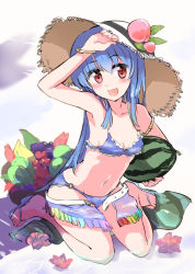 Rule 34 | 1girl, :d, alternate costume, arm up, armpits, bikini, blue bikini, blue hair, blush, bracelet, breasts, cleavage, flip-flops, food, frilled bikini, frills, fringe trim, fruit, hat, hinanawi tenshi, jewelry, long hair, looking at viewer, navel, o-ring, o-ring bottom, open mouth, partially submerged, peach, puuakachan, red eyes, sandals, shading eyes, sitting, sketch, small breasts, smile, solo, straw hat, swimsuit, touhou, wariza, watermelon