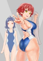 Rule 34 | 2girls, ass, bad id, bad pixiv id, black hair, blue one-piece swimsuit, breasts, brown hair, commentary request, competition swimsuit, curvy, dokiyuri, from behind, highleg, highleg swimsuit, highres, kakumeiki valvrave, large breasts, looking at viewer, looking back, looking to the side, multiple girls, nanami rion, nobi marie, one-piece swimsuit, red eyes, short hair, sideboob, sidelocks, swimsuit, towel, v, wet, yellow eyes