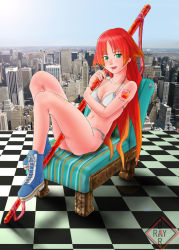 Rule 34 | 1girl, bad id, bad pixiv id, bikini, boots, breasts, chair, character request, city, cleavage, couch, day, flat chest, gradient hair, green eyes, horizon, long hair, medium breasts, multicolored hair, outdoors, raybar, red hair, sky, solo, source request, stick, swimsuit, tattoo, weapon