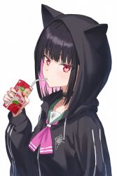 Rule 34 | 1girl, animal ear hood, black choker, black jacket, blue archive, blunt bangs, blush, choker, collarbone, colored inner hair, drink, drinking straw, drinking straw in mouth, fake animal ears, green sailor collar, highres, holding, holding drink, hood, hood up, hooded jacket, jacket, juice box, kamo ashi, kazusa (blue archive), long sleeves, looking at viewer, multicolored hair, neckerchief, pink hair, pink neckerchief, red eyes, sailor collar, short hair, sidelocks, solo, upper body, white background