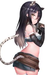 Rule 34 | 1girl, animal ear fluff, animal ears, arm belt, bare back, bare shoulders, belt buckle, black hair, black skirt, black sleeves, blush, book, breasts, buckle, closed mouth, cowboy shot, crop top, detached sleeves, from side, fur collar, green eyes, hair between eyes, hands up, highres, holding, holding book, kure (kure ng), long hair, long sleeves, looking at viewer, looking to the side, medium breasts, miniskirt, princess connect!, shiori (princess connect!), sidelocks, sideways glance, skirt, sleeves past wrists, solo, standing, tail, thighhighs, tiger ears, tiger girl, tiger tail, white background, white thighhighs, zettai ryouiki