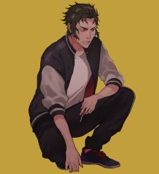 Rule 34 | 1boy, black footwear, black hair, black pants, cigarette, clenched teeth, fate/grand order, fate (series), full body, highres, hijikata toshizou (fate), jacket, male focus, pants, red eyes, samuraisamurai, shoes, sideburns, simple background, solo, squatting, teeth, yellow background