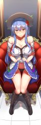 Rule 34 | 1girl, absurdres, bare shoulders, black footwear, blue hair, blue skirt, blush, boots, breasts, cleavage, clothes lift, collarbone, couch, cross-laced footwear, flower, food, frilled shirt, frilled skirt, frills, fruit, full body, hair flower, hair ornament, hat, hibiscus, highres, hinanawi tenshi, knees together feet apart, lace-up boots, large breasts, leaf, lifted by self, long hair, looking at viewer, navel, neropaso, off-shoulder shirt, off shoulder, panties, peach, red eyes, reflective floor, shirt, sidelocks, sitting, skirt, skirt lift, solo, stomach, striped clothes, striped panties, tearing up, tears, touhou, underwear, vertical-striped clothes, vertical-striped panties, white hat, white shirt