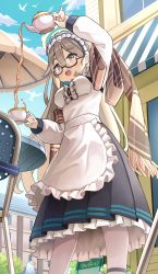 Rule 34 | 1girl, akane (blue archive), apron, blonde hair, blouse, blue archive, blue necktie, blue ribbon, cafe, closed mouth, commentary request, glasses, gloves, hair between eyes, hair ribbon, hand up, highres, long hair, long sleeves, maid headdress, necktie, nomio, noubin, ribbon, round teeth, shirt, solo, tea, teapot, teeth, very long hair, white apron, white gloves, white shirt, yellow eyes