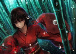 Rule 34 | 1girl, bamboo, bamboo forest, brown eyes, brown hair, color contrast, forest, green background, highres, japanese clothes, kara no kyoukai, kimono, nature, obi, red theme, ryougi shiki, sash, short hair, solo, todee, water drop