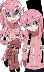 Rule 34 | 1girl, @ @, absurdres, blue eyes, bocchi the rock!, cube hair ornament, expressions, gotoh hitori, guitar case, hair ornament, highres, instrument case, jacket, long hair, multiple views, nzeneee, open mouth, pants, pink hair, pink jacket, pink pants, pink track suit, sitting, skirt