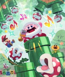 Rule 34 | 1boy, beamed eighth notes, blue eyes, blue overalls, closed eyes, eighth note, facial hair, hat, highres, holding, holding microphone, kirby, kirby (series), marimba block, mario, mario (series), microphone, music, musical note, mustache, nintendo, open mouth, overalls, piranha plant, red headwear, singing, super mario bros. wonder, suyasuyabi, talking flower (mario), trottin&#039; piranha plant, warp pipe