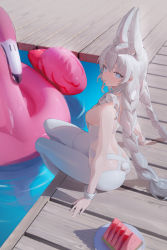 Rule 34 | 1girl, :p, absurdres, animal ear fluff, animal ears, arm support, ass, ass cutout, azur lane, bare arms, bare back, blue eyes, braid, breasts, butt crack, clothing cutout, day, dingding (chongsangjun), food, frills, fruit, highres, le malin (azur lane), le malin (listless lapin) (azur lane), leotard, light blush, long hair, looking at viewer, low twin braids, medium breasts, outdoors, pantyhose, plate, pool, rabbit ears, rabbit tail, sidelocks, sitting, soaking feet, solo, swimsuit, tail, thigh strap, thighs, tongue, tongue out, twin braids, water, watermelon, watermelon slice, white hair, white leotard, white pantyhose, wooden floor, wrist cuffs