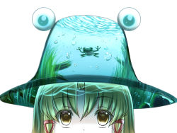 Rule 34 | 1girl, air bubble, blonde hair, bubble, caustics, commentary request, frog, hair ribbon, hat, looking at viewer, luke (kyeftss), moriya suwako, red ribbon, ribbon, simple background, solo, surreal, touhou, water, white background, yellow eyes