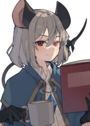 Rule 34 | 1girl, adapted costume, animal ears, black bow, black gloves, blue capelet, book, bow, capelet, coffee mug, commentary request, cup, gloves, grey hair, hair between eyes, highres, holding, holding book, jewelry, medium hair, mouse ears, mouse tail, mug, nazrin, one-hour drawing challenge, pendant, prat rat, reading, red eyes, shirt, simple background, solo, tail, tail bow, tail ornament, touhou, upper body, white background, white shirt