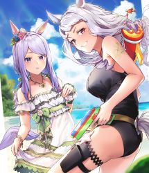 Rule 34 | 2girls, animal ears, ass, bare arms, bare shoulders, black cola, black one-piece swimsuit, blue flower, blue rose, blue sky, breasts, cloud, cloudy sky, commentary request, day, dress, flower, frilled dress, frills, gold ship (run revolt launcher) (umamusume), gold ship (umamusume), grey hair, grin, hair flower, hair ornament, highres, holding, horizon, horse ears, horse girl, horse tail, long hair, medium breasts, mejiro mcqueen (ripple fairlady) (umamusume), mejiro mcqueen (umamusume), multiple girls, ocean, one-piece swimsuit, outdoors, parted lips, pink flower, purple eyes, purple hair, rose, sky, smile, swept bangs, swimsuit, tail, umamusume, water, water gun, white dress, white flower, white rose