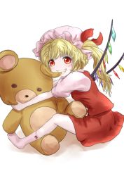 Rule 34 | 1girl, biting, blonde hair, ear biting, fangs, faux traditional media, flandre scarlet, grin, hat, hat ribbon, highres, koboboi, looking at viewer, mob cap, no shoes, pale skin, pink socks, red eyes, ribbon, short hair, short sleeves, side ponytail, simple background, sitting, skirt, skirt set, smile, socks, solo, stuffed animal, stuffed toy, teddy bear, touhou, white background, wide-eyed, wings