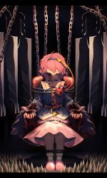 Rule 34 | 1girl, akaiha (akaihasugk), blood, bloody tears, blouse, blue shirt, chain, chained, cleaver, commission, dark background, eyeball, floral print, full body, guro, hairband, heart, heart print, highres, komeiji satori, letterboxed, looking down, missing eye, nail polish, pink hair, pink nails, pink skirt, ryona, shirt, short hair, sitting, skeb commission, skirt, slippers, solo, spikes, third eye, torture, touhou