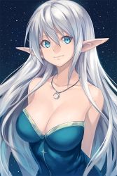 Rule 34 | 1girl, arms behind back, bare shoulders, blue eyes, breasts, cleavage, collarbone, dress, elf, female focus, guchico, jewelry, large breasts, light smile, long hair, looking at viewer, necklace, night, original, pendant, pointy ears, shiny skin, silver hair, solo, strapless, strapless dress