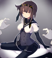 Rule 34 | 10s, 1girl, ahoge, anchor symbol, aosora kamiya, black gloves, black pantyhose, black skirt, breasts, brown hair, clothes writing, colored eyelashes, corset, eyebrows, gloves, grey background, hairband, hatsuzuki (kancolle), highres, kantai collection, long sleeves, looking at viewer, miniskirt, no shoes, out of frame, pantyhose, pleated skirt, pointy hair, pov, pov hands, red eyes, school uniform, serafuku, short sleeves, side slit, sitting, skirt, solo focus, sweatdrop, white gloves