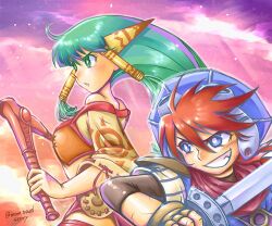 Rule 34 | 1boy, 1girl, bare shoulders, blue eyes, feena (grandia), fingerless gloves, gloves, grandia, grandia i, green eyes, green hair, hair ornament, hair tubes, hat, holding, holding sword, holding weapon, justin (grandia), long hair, moontravelstory, open mouth, skirt, smile, sword, thighhighs, weapon, wide sleeves