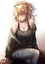 Rule 34 | 1girl, animal ears, arknights, arm support, bare shoulders, black choker, black tank top, blonde hair, breasts, choker, cleavage, feet out of frame, gradient background, green jacket, grey background, grey pants, hair between eyes, highres, jacket, kiyakyuu, lion ears, long hair, long sleeves, looking at viewer, medium breasts, mouth hold, off shoulder, official alternate costume, open clothes, open jacket, pants, siege (arknights), siege (legacy) (arknights), sitting, solo, tank top, white background, yellow eyes