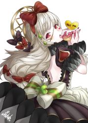 Rule 34 | 1girl, alice in wonderland, alternate costume, backless dress, backless outfit, bad id, bad pixiv id, black bow, black dress, bow, cake, club (shape), diamond (shape), dress, facial mark, fire emblem, fire emblem heroes, food, hair bow, hair ornament, hairband, heart, highres, holding, long hair, looking at viewer, looking back, nail polish, nintendo, open mouth, puffy short sleeves, puffy sleeves, red bow, red eyes, red nails, ringozaka mariko, short sleeves, simple background, solo, spade (shape), tongue, tongue out, veronica (fire emblem), white background, wrist cuffs