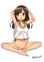 Rule 34 | 10s, 1girl, adjusting hair, armpits, arms up, bad id, bad twitter id, bare legs, barefoot, blush, bottomless, breasts, brown eyes, brown hair, collarbone, dark-skinned female, dark skin, ebifurya, eyebrows, feet together, full body, groin, hair down, highres, i-401 (kancolle), inactive account, kantai collection, knees apart feet together, long hair, mouth hold, navel, no bra, no pussy, sailor collar, simple background, sitting, sleeveless, small breasts, solo, stomach, twitter username, white background