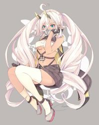 Rule 34 | 1girl, ahoge, alternate eye color, aqua eyes, asymmetrical legwear, azur lane, bare arms, bare shoulders, black gloves, black shorts, breasts, cleavage, commentary request, covered mouth, curly hair, dark-skinned female, dark skin, eyelashes, facepaint, full body, gloves, grey background, grey footwear, hachimitsu monte, hair between eyes, tucking hair, hand on own cheek, hand on own face, hand up, headgear, heart, heart ahoge, high heels, indianapolis (azur lane), kneehighs, long hair, medium breasts, midriff, native american, navel, partially fingerless gloves, rudder footwear, shirt, short shorts, shorts, signature, simple background, single kneehigh, single sock, single thighhigh, sleeveless, sleeveless turtleneck, socks, solo, stomach, taut clothes, taut shirt, thighhighs, tsurime, turtleneck, twintails, underboob, uneven legwear, very long hair, white hair, white socks