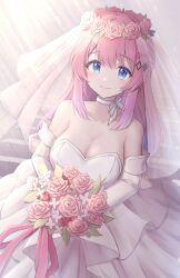 Rule 34 | 1girl, absurdres, bare shoulders, blue eyes, bouquet, bow, breasts, bridal veil, bride, chaconne (kxxx s8), choker, dress, elbow gloves, flower, gloves, gradient hair, hair bow, hair ornament, hairclip, head wreath, highres, holding, holding bouquet, kuramochi meruto, large breasts, long hair, looking at viewer, multicolored hair, nijisanji, pink bow, pink flower, pink hair, pink rose, purple hair, ribbon choker, rose, smile, solo, stairs, strapless, strapless dress, triangle hair ornament, veil, virtual youtuber, wedding dress, white choker, white dress, white gloves