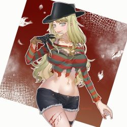 Rule 34 | 1girl, a nightmare on elm street, between fingers, bishoujo terror, blood, bra, breasts, cleavage, cowboy hat, crop top, curvy, cutoff jeans, cutoffs, cuts, freddy krueger, freddy krueger (bishoujo terror), genderswap, genderswap (mtf), green eyes, green hair, hat, highres, holding, holding knife, horror (theme), injury, knife, knives between fingers, large breasts, leaf, licking, licking blade, licking finger, light green hair, long hair, looking at viewer, multicolored hair, nail polish, okitafuji, red background, red nails, scratches, shirt, short shorts, shorts, solo, spider web print, streaked hair, striped clothes, striped shirt, thighs, tongue, tongue out, torn clothes, torn shirt, underwear, weapon