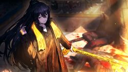 Rule 34 | 1other, 2boys, black eyes, black hair, black pants, black robe, blood, blood on clothes, blue eyes, death, game cg, heterochromia, highres, holding, holding key, holding weapon, hong lu (project moon), indoors, key, limbus company, long hair, male focus, multiple boys, nai ga, official art, oversized object, pants, parted lips, ponytail, project moon, robe, sitting, solo focus, standing, teeth, very long hair, weapon