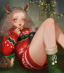 Rule 34 | 1girl, :o, animal ears, antlers, arm support, bare legs, blush, boots, brown hair, christmas, coffee mug, cookie, cup, deer ears, dress, eyebrows, food, forehead, foreshortening, fur-trimmed boots, fur trim, green footwear, holding, holding food, horns, indoors, jar, knees up, leaning back, light, long hair, long sleeves, looking at viewer, mug, nail polish, on floor, open mouth, original, pom pom (clothes), poster (object), red nails, red sweater, reindeer antlers, rimless eyewear, sitting, sleeves past wrists, solo, star (symbol), sweater, sweater dress, tajima yukie, thighs, tsurime, wavy hair