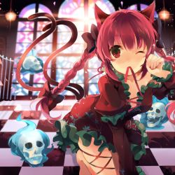 Rule 34 | 1girl, animal ears, bad id, bad twitter id, barefoot, bow, braid, cat ears, cat tail, checkered floor, dress, frilled dress, frills, hair bow, hair ornament, juliet sleeves, kaenbyou rin, kirero, kneeling, long sleeves, looking at viewer, mouth hold, multiple tails, nekomata, one eye closed, paw pose, puffy sleeves, red eyes, red hair, ribbon, ribbon in mouth, skull, smile, solo, sparkle, tail, touhou, twin braids