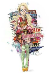 Rule 34 | 1girl, blonde hair, book, glasses, harry potter (series), luna lovegood, shirt, solo, striped clothes, striped legwear, striped shirt, twintails, wizarding world