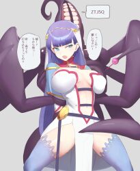 Rule 34 | 1girl, arms behind back, belt, bestiality, blue capelet, blue eyes, blue thighhighs, breasts, capelet, center opening, circlet, cleavage, fate/grand order, fate (series), highres, kunabishi, lahmu (fate), large breasts, long hair, martha (fate), monster, navel, needle, open mouth, pelvic curtain, purple hair, restrained, speech bubble, teeth, tentacles, thighhighs, thighs, thought bubble, translation request, veil