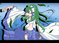 Rule 34 | 1girl, bare shoulders, detached sleeves, female focus, floating hair, frog hair ornament, from behind, green eyes, green hair, hair ornament, hair tubes, haku rin, japanese clothes, kochiya sanae, leaf, letterboxed, long hair, long sleeves, looking back, matching hair/eyes, nontraditional miko, outstretched arm, shirosuzu, solo, standing, touhou, very long hair, wind
