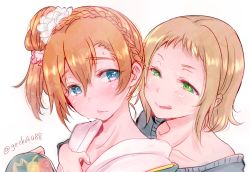 Rule 34 | 10s, 2girls, :q, blue eyes, braid, brown hair, collarbone, crown braid, gecko4488, green eyes, hand on another&#039;s chest, hug, hug from behind, japanese clothes, kimono, kira tsubasa, kosaka honoka, licking lips, looking at another, looking back, love live!, love live! school idol project, multiple girls, naughty face, nervous, off shoulder, orange hair, scrunchie, short hair, side ponytail, simple background, sweat, sweater, tongue, tongue out, twitter username, upper body, white background, yuri