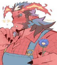 Rule 34 | 1boy, bara, black claws, blush, colored sclera, colored skin, demon boy, dress shirt, earrings, flower, giving flower, highres, holding, holding flower, jewelry, kimi6666, male focus, original, pointy ears, pov dating, red skin, shirt, solo, sweatdrop, yellow sclera