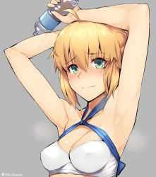 Rule 34 | 1girl, ahoge, armpits, arms up, artoria pendragon (all), artoria pendragon (fate), artoria pendragon (swimsuit archer) (fate), artoria pendragon (swimsuit archer) (first ascension) (fate), bikini, blonde hair, blush, bottle, breasts, cleavage, collarbone, covered erect nipples, fate/grand order, fate/stay night, fate (series), green eyes, grey background, highres, kurowa, looking at viewer, saber (fate), short hair, simple background, solo, sweat, swimsuit, twitter username, water bottle, white bikini