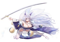 Rule 34 | 1girl, 5202 (hb2959), absurdres, animal ear fluff, azur lane, breasts, cleavage, full body, highres, huge breasts, japanese clothes, kimono, kitsune, long hair, looking at viewer, magic, moon phases, multiple tails, panties, purple eyes, purple kimono, shinano (azur lane), simple background, solo, tail, thighhighs, underwear, very long hair, white background, white hair, white panties, white tail, white thighhighs, wide sleeves