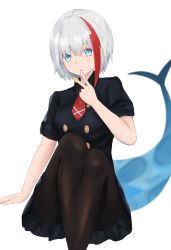 Rule 34 | 1girl, admiral graf spee (azur lane), admiral graf spee (girl&#039;s sunday) (azur lane), admiral graf spee (girl&#039;s sunday) (azur lane), azur lane, black dress, black pantyhose, blue eyes, breasts, bugles, bugles (food), bugles on fingers, buttons, double-breasted, dress, feet out of frame, fins, fish tail, food on hand, highres, lovt, medium breasts, multicolored hair, necktie, pantyhose, red hair, red necktie, shark tail, short dress, short hair, short necktie, short sleeves, simple background, solo, streaked hair, tail, white background, white hair