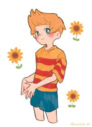 Rule 34 | 1boy, blonde hair, blue eyes, blush, blush stickers, flower, haru-cho, looking at viewer, lucas (mother 3), male focus, mother (game), mother 3, nintendo, shirt, short hair, short sleeves, shorts, simple background, solo, striped clothes, striped shirt, sunflower, white background
