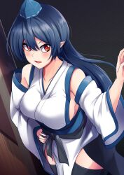 Rule 34 | 1girl, ashiroku (miracle hinacle), black background, black thighhighs, blue hair, blue hat, breasts, commentary request, detached sleeves, hand on own hip, hat, highres, iizunamaru megumu, japanese clothes, kimono, kourindou tengu costume, large breasts, long hair, looking at viewer, open mouth, pointy ears, red eyes, sash, sideboob, solo, thighhighs, tokin hat, touhou, white kimono, wide sleeves