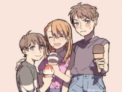 Rule 34 | 1girl, 2boys, aged down, blonde hair, blouse, bow, brother and sister, brothers, brown hair, closed eyes, crying child&#039;s brother (fnaf), crying child (fnaf), elizabeth afton, five nights at freddy&#039;s, food, hair bow, holding, holding food, ice cream, ice cream cone, long hair, michael afton, multiple boys, pink shirt, rhinocerus (hetalia e), shirt, short hair, siblings, smile, striped clothes, striped shirt