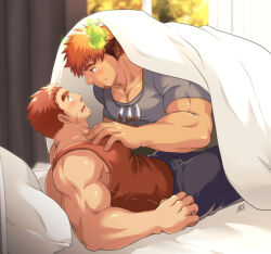 Rule 34 | 2boys, animal ears, bara, bare arms, biceps, blanket, brown eyes, brown hair, bulge, casual, couple, cow boy, cow ears, cow horns, eye contact, facial hair, facial scar, feather necklace, feet out of frame, fiery horns, flustered, forked eyebrows, from side, glowing horns, goatee, grey shirt, hand on another&#039;s chest, horns, jewelry, large pectorals, long sideburns, looking at another, lying, male focus, multiple boys, muscular, muscular male, necklace, on back, on bed, on person, pants, pectoral cleavage, pectorals, red tank top, scar, scar on cheek, scar on face, shirt, short hair, sideburns, smile, spiked hair, sunfight0201, sunlight, tamamura gunzo, tank top, thick eyebrows, thighs, tokyo houkago summoners, track pants, wakan tanka, wide-eyed, yaoi