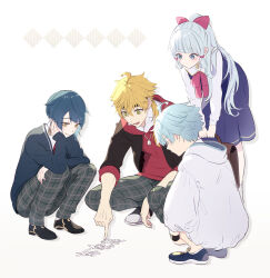 Rule 34 | 1girl, 3boys, ahoge, asymmetrical hair, ayaka (genshin impact), bag, bent over, black footwear, black headband, black jacket, blonde hair, blue cardigan, blue dress, blue eyes, blue footwear, blue hair, blunt bangs, blush, bow, brown bag, cardigan, chongyun (genshin impact), chongyun (gigo) (genshin impact), closed mouth, collared shirt, commentary request, contemporary, crossed bangs, dog tags, dress, eyelashes, facing away, full body, genshin impact, green eyes, grey pants, hair bow, hair over shoulder, hair ribbon, hand up, head rest, headband, highres, holding, holding bag, hood, hood down, hoodie, jacket, jewelry, kamisato ayaka, kamisato ayaka (gigo), long hair, long sleeves, looking down, low ponytail, mole, mole under eye, multiple boys, neck ribbon, necklace, official alternate costume, open clothes, open jacket, open mouth, pants, pantyhose, parted bangs, pink bow, pink ribbon, plaid, plaid pants, pointing, ponytail, red hoodie, ribbon, sailor collar, school uniform, shirt, shoes, short hair, sidelocks, simple background, sitting, sleeves past wrists, sleeves rolled up, smile, smirk, squatting, standing, teeth, thoma (genshin impact), thoma (gigo) (genshin impact), uro (urooooboe), very long hair, white background, white hoodie, white pantyhose, white sailor collar, white shirt, wing collar, xingqiu (genshin impact), xingqiu (gigo) (genshin impact), yellow eyes