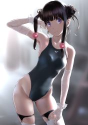 Rule 34 | 1girl, arm up, armpits, bare shoulders, black hair, black one-piece swimsuit, blush, breasts, commentary request, competition swimsuit, cowboy shot, double bun, elbow gloves, garter straps, gloves, hair bobbles, hair bun, hair ornament, highleg, highleg swimsuit, highres, long hair, looking at viewer, medium breasts, one-piece swimsuit, original, purple eyes, sidelocks, simple background, skindentation, smile, solo, swimsuit, thigh strap, thighhighs, thighs, wa (genryusui)
