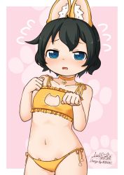 Rule 34 | 1girl, ahoge, animal ears, black hair, blue eyes, blush, cat bell, cat ear panties, cat ears, cat lingerie, child, cleavage cutout, clothing cutout, collar, collarbone, embarrassed, flat chest, kaban (kemono friends), kemono friends, looking at viewer, meme attire, navel, open mouth, panties, paw pose, paw print, sateraito1024, short hair, side-tie panties, solo, underwear