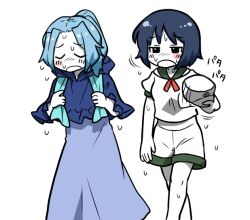 Rule 34 | 2girls, anchor symbol, blue dress, blue hair, blue hood, blush, breasts, bseibutsu, closed eyes, colored skin, commentary, cookie (touhou), dress, fanning self, feet out of frame, grey hair, hat, unworn hat, unworn headwear, high ponytail, holding, holding clothes, holding hat, hood, hood down, kumoi ichirin, medium bangs, multiple girls, murasa minamitsu, neckerchief, open mouth, parted bangs, red neckerchief, sailor hat, shirt, short hair, short sleeves, shorts, simple background, small breasts, sweat, touhou, walking, white background, white shirt, white shorts, white skin