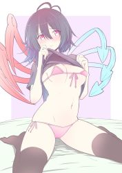 Rule 34 | 1girl, absurdres, antenna hair, asymmetrical wings, bed sheet, bikini, black hair, black shirt, black thighhighs, blue wings, blush, border, breasts, clothes lift, commentary, front-tie bikini top, front-tie top, hair between eyes, highres, houjuu nue, lifted by self, looking at viewer, navel, nirap, no shoes, outside border, pink background, pink bikini, pink eyes, red wings, shadow, shirt, shirt lift, short hair, short sleeves, side-tie bikini bottom, simple background, sitting, small breasts, solo, stomach, swimsuit, thighhighs, thighs, touhou, wariza, white border, wings