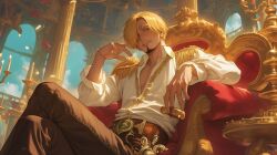 Rule 34 | 1boy, alternate costume, artist request, blonde hair, crossed legs, curly eyebrows, earrings, epaulettes, facial hair, hair over one eye, highres, holding, indoors, jewelry, male focus, one eye covered, one piece, open clothes, sanji (one piece), short hair, sitting, solo, teeth, third-party source
