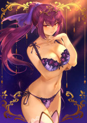 Rule 34 | 1girl, arm under breasts, bare shoulders, bra, breasts, cleavage, closed mouth, cowboy shot, fate/grand order, fate (series), gradient background, hair between eyes, hair ribbon, hand on own chest, highres, large breasts, light rays, long hair, looking at viewer, mashuu (neko no oyashiro), navel, panties, ponytail, purple bra, purple hair, purple panties, purple ribbon, purple thighhighs, red eyes, ribbon, scathach (fate), scathach skadi (fate), side-tie panties, smile, solo, stomach, thighhighs, thighs, tiara, underwear, underwear only
